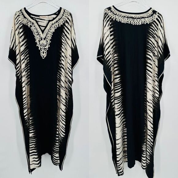 Soft Surroundings Size Small/Medium Black & Cream Embroidered Kaftan Maxi Dress - Picture 1 of 7